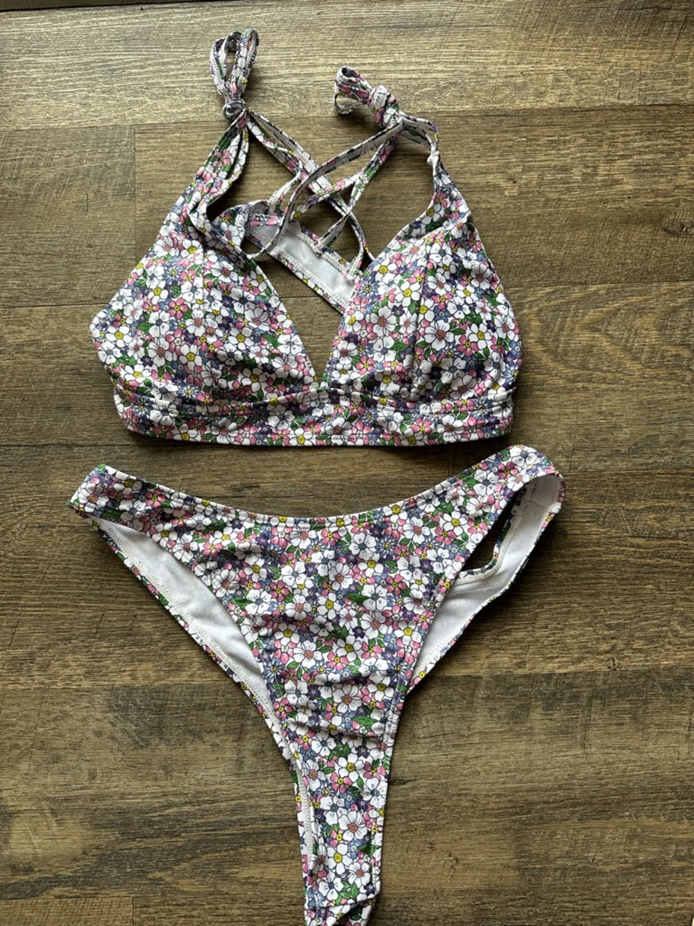 Floral Two-Piece Bikini Set in White, Pink & Green